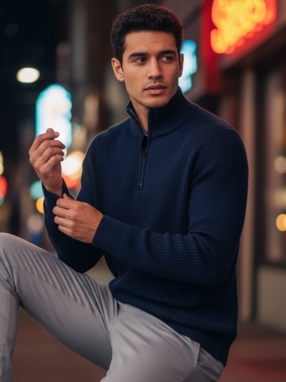 Banana Republic Ribbed Quarter-Zip Mock Neck Sweater Size Large Navy Blue